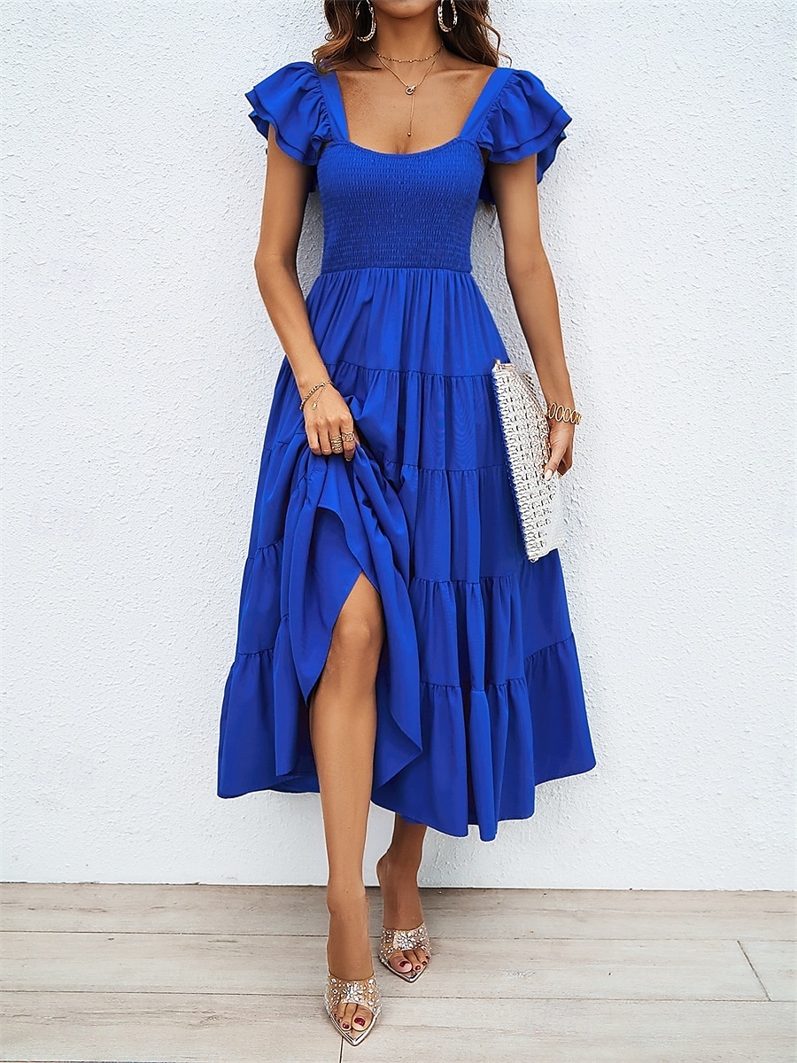 فستان نسائي متوسط الطول برقبة مربعة وأكمام قصيرة للصيف والربيع 2025 - $52.99 –P6