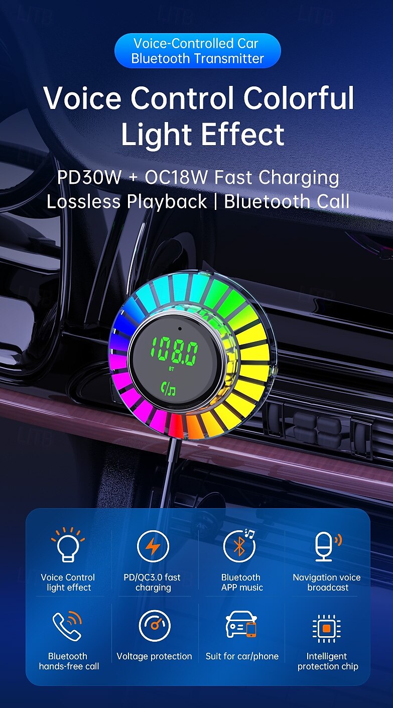 2025年 急速充電カーチャージャー、Bluetooth MP3プレーヤー、ロスレス音楽、電圧表示、音声コントロール、眩しい光の効果  コレクション – $43.99 –P2