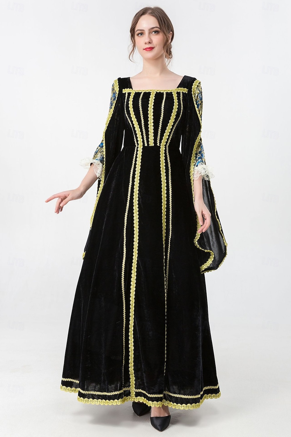 Mittelalterlich Renaissance Vintage-Kleid Maxi Kleid Glockenärmel Königin Wikinger Einfarbig Quadrathals Kostüm Damen königlich Halloween Karneval Maskerade Abschlussball Festival Erwachsene Kleid 2026 - $60.99 –P12