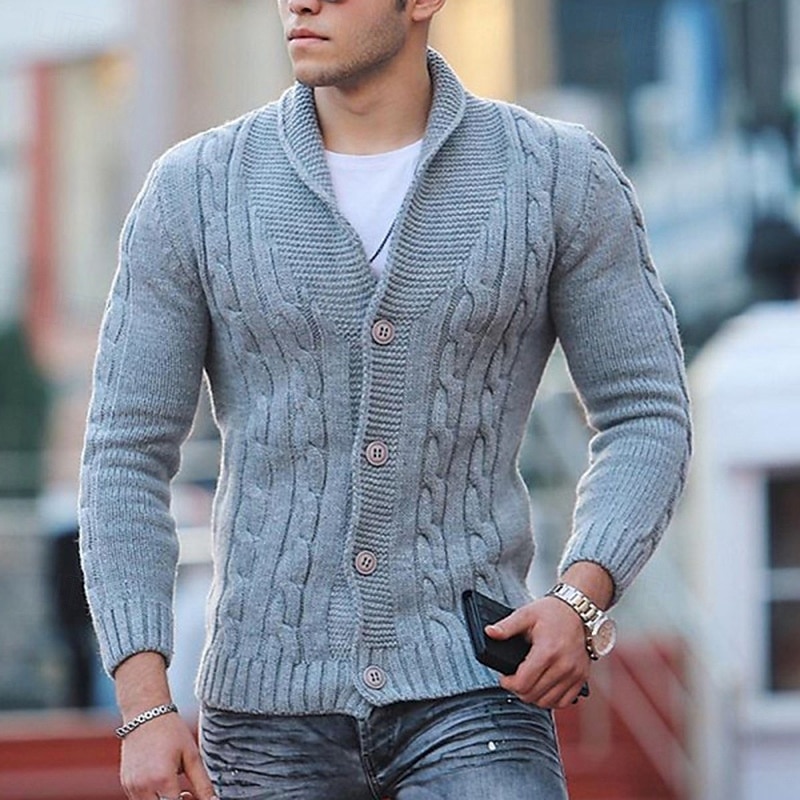 Men's Sweater Cardigan Sweater Fall Sweater Cable Cropped Plain Shawl Collar Fashion Warm Ups Christmas Xmas Clothing Apparel Fall & Winter Wine Red Black S M L 2025 - $27.99 –P8