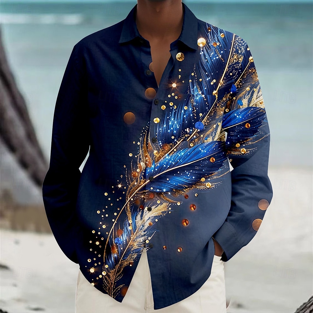 Herren Feder Hawaiihemd Sommerhemd Knopfhemd Aloha-Shirt Langarm Hawaiianisch Urlaub Frühling Herbst Umlegekragen Knopf hoch Violett Blau Grün Pfauenblau 2025 - $26.99 –P1