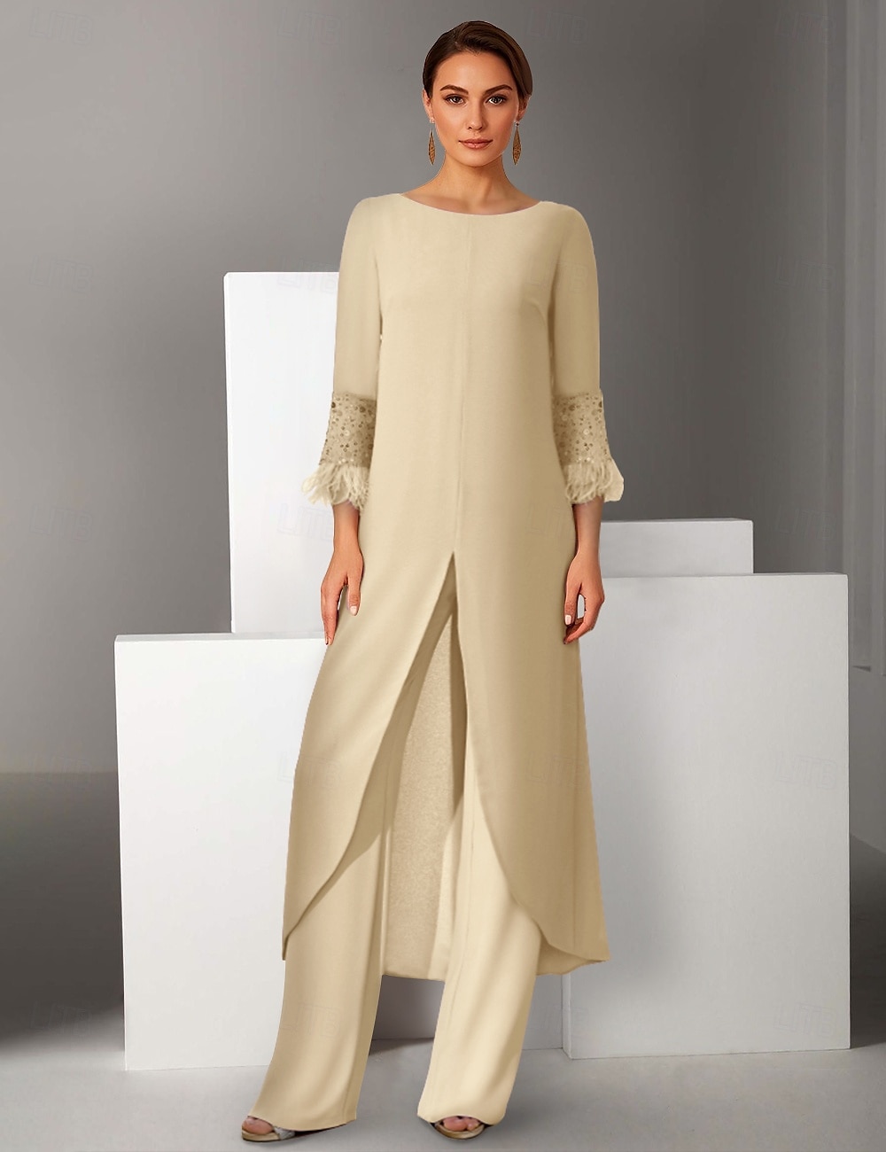 Felső  oszlop 3 darabos nadrág öltöny tengerparti esküvő anyja a menyasszonynak elegáns vintage ékszer nyakpadlós hosszú ujjú chiffon 3/4 ujjú tollas gyöngyökkel 2025 - $201.99 –P4