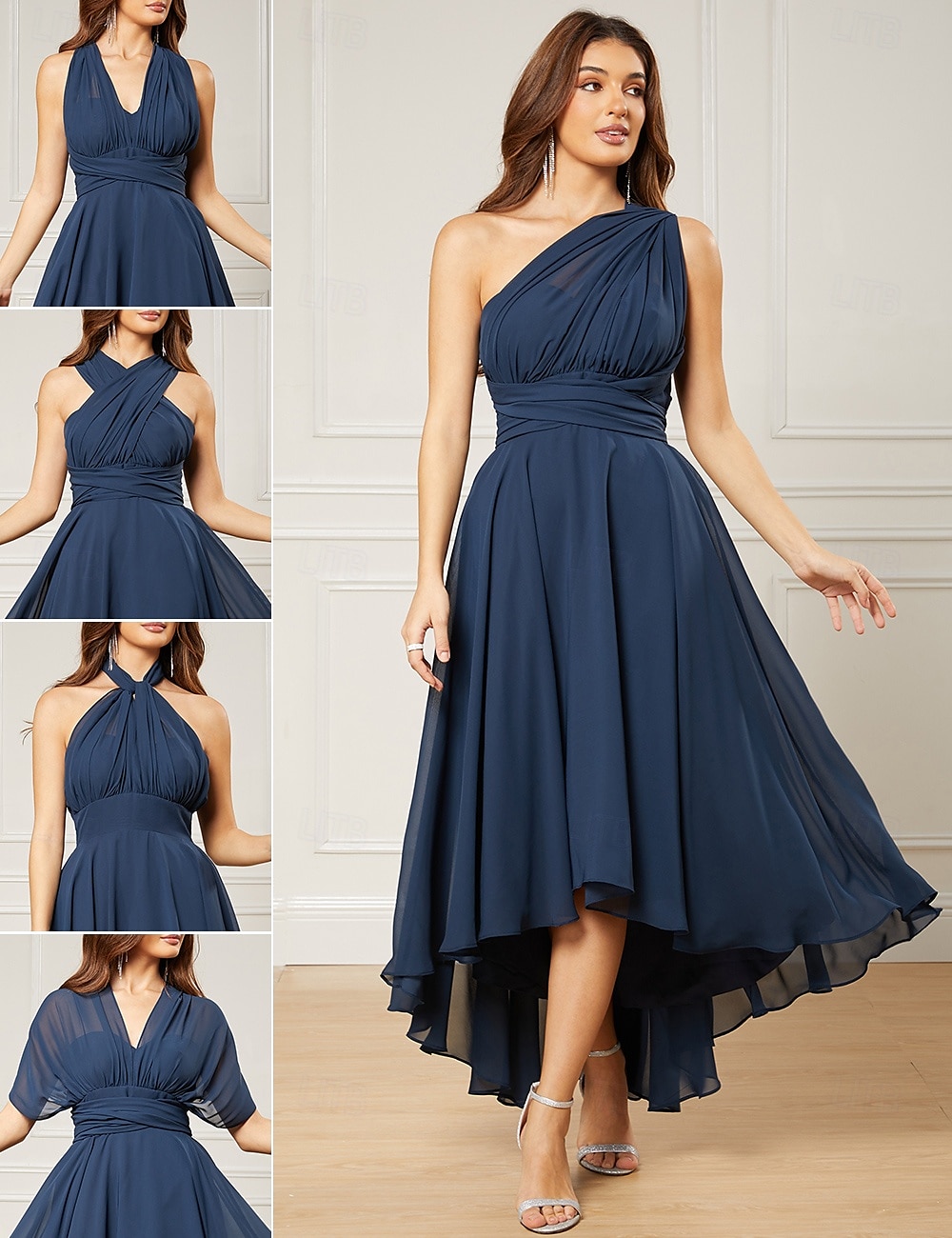 A-Line Wedding Guest Dresses Elegant Dress Formal Tea Length Sleeveless One Shoulder Fall Wedding Guest Chiffon with Ruched 2025 - $147.99 –P1