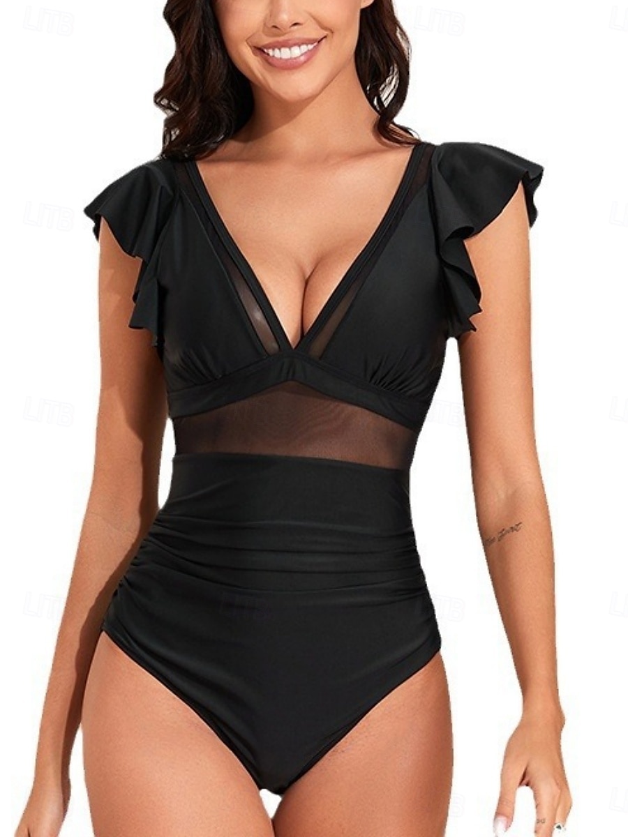 Dame Badetøy Ett stykke Monokini Badedrakt Netting Åpen rygg Midjekontroll Høy Midje Tynn Ferie Strand Klær Helfarge V-hals Ermeløs Badedrakter 2025 - $31.99 –P5