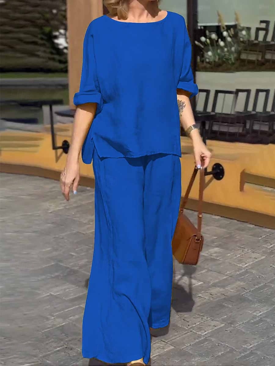 Damen Modisch Strassenmode Täglich Hemd Bluse Hose mit weitem Bein Langarm Rundhalsausschnitt Glatt Casual Täglich Gelb Blau Grün Frühling & Herbst Regular Fit 2025 - $36.99 -P1