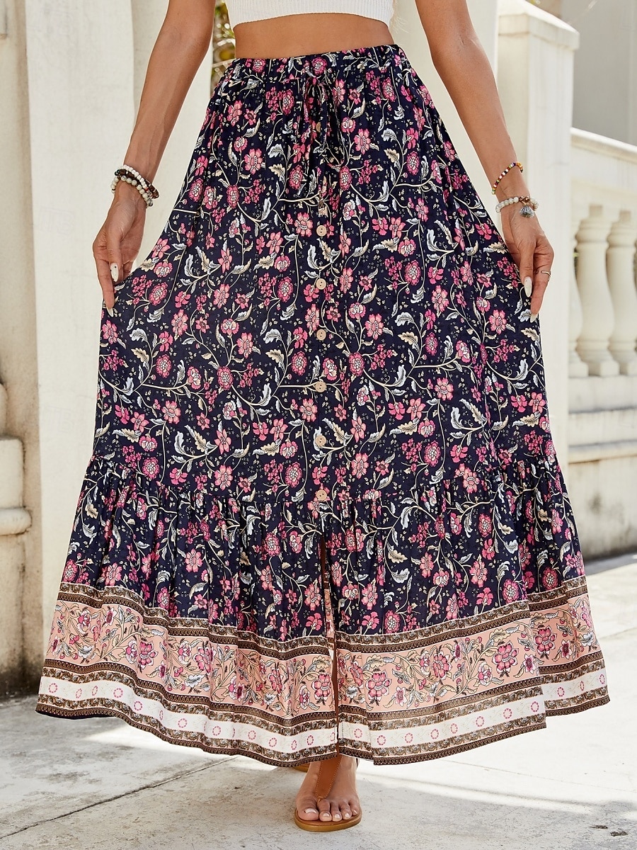 Women's Skirt A Line Swing Bohemia Fashion Casual Maxi High Waist Skirts Floral Print Micro-elastic Street Daily Red Navy Blue Green Summer Polyester 2025 - $25.99 –P8