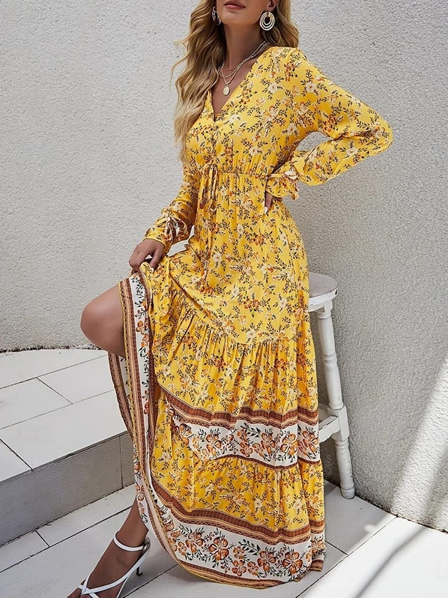 Damen Maxidress Casual kleid Schaukelkleid Langärmliges Boho-Kleid A Linie Kleid Böhmen Brautkleider schlicht Urlaub Täglich Regular Fit Blumen Langarm V Ausschnitt Gelb Rosa Blau Frühling Herbst 2025 - $38.99 –P11