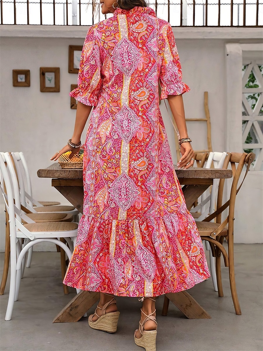 Women's Maxi Dress Casual Dress Boho Dress Cute Stylish Casual Vacation Daily Loose Fit Graphic 3/4 Length Sleeve V Neck Red Blue Orange Summer Spring Fall 2026 - $31.99 –P8