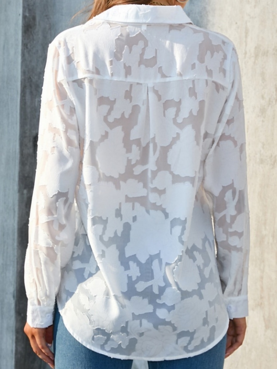 Kvinners hvite elegante blonde topper øyelet bluse uformell ensfarget vanlig topper lang erm skjortekrage knapper lomme vanlig passform daglig romantiske petite topper sommerferie slitasje hvit gul 2025 - $21.99 –P2