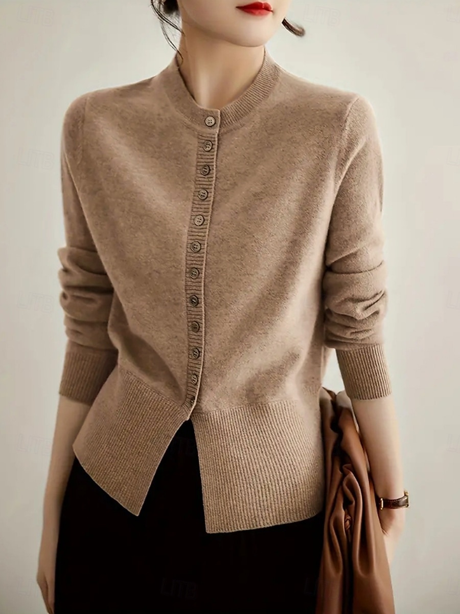 Per donna Felpa Cardigan Informale Morbido Colore puro A coste Colletto alla coreana Bottoni Lavorato a maglia Manica lunga Top regolari Maglia Esterno Giornaliero Fine settimana Rosa Cammello del 2025 a $38.99 –P6