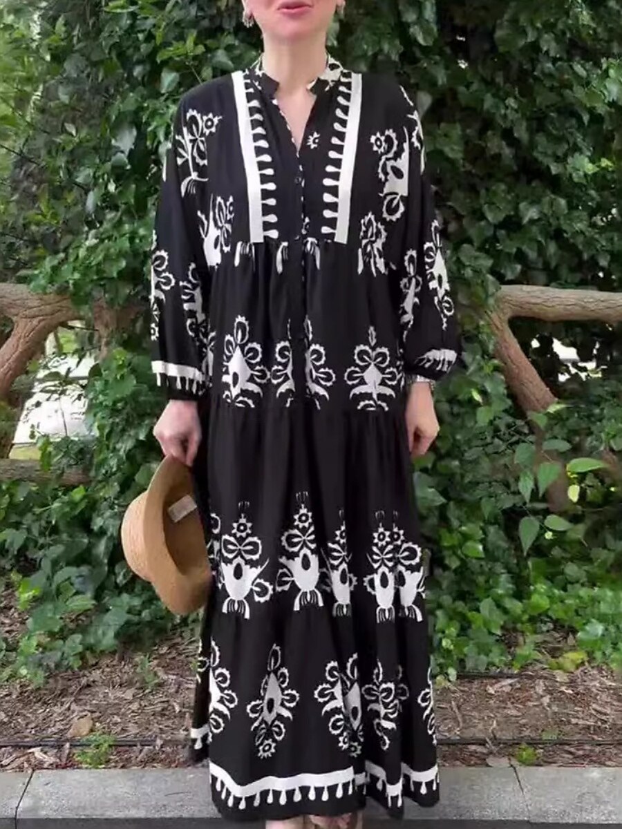 Women's Maxi Dress Casual Dress Swing Dress Boho Dress Vintage Ethnic Casual Vacation Daily Regular Fit Floral Long Sleeve Notched Neck Black White Spring Fall 2025 - $49.99 –P8