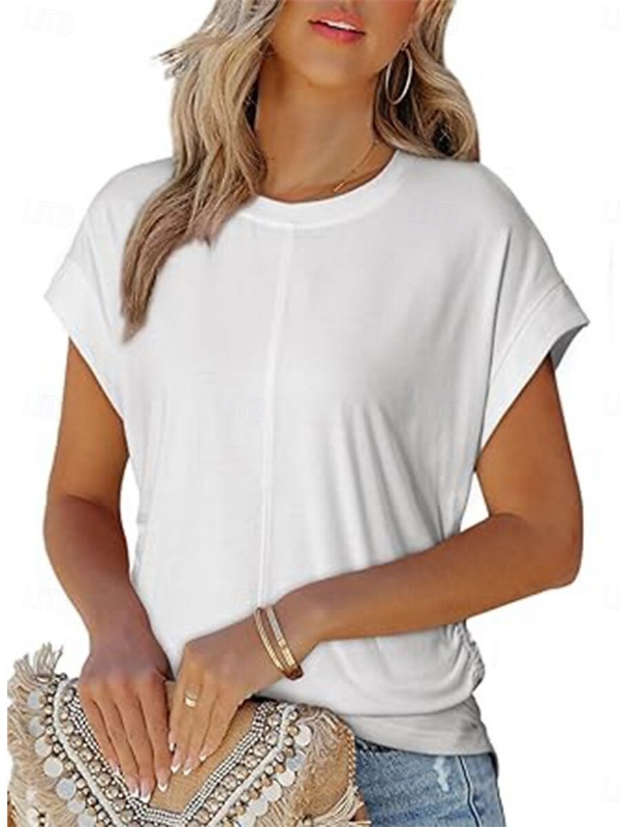 Dames Blouse Effen Kleur Basic Casual Korte mouw Strakke ronde hals Normale tops Dagelijks Wit Lichtgroen Fuchsia Zomer 2025 - $29.99 –P1