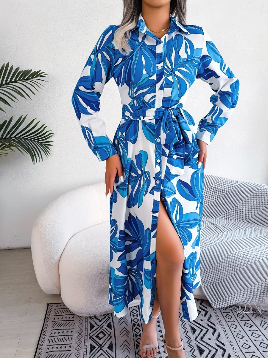Damskie Sukienka maxi Sukienka koszulowa Codzienne sukienki Sukienka A line Elegancki Codzienny Urlop Codzienny Regularny Kwiaty Długi rękaw Kołnierzyk koszuli Niebieski Pomarańczowy Wiosna Jesień 2025 - $38.99 –P3