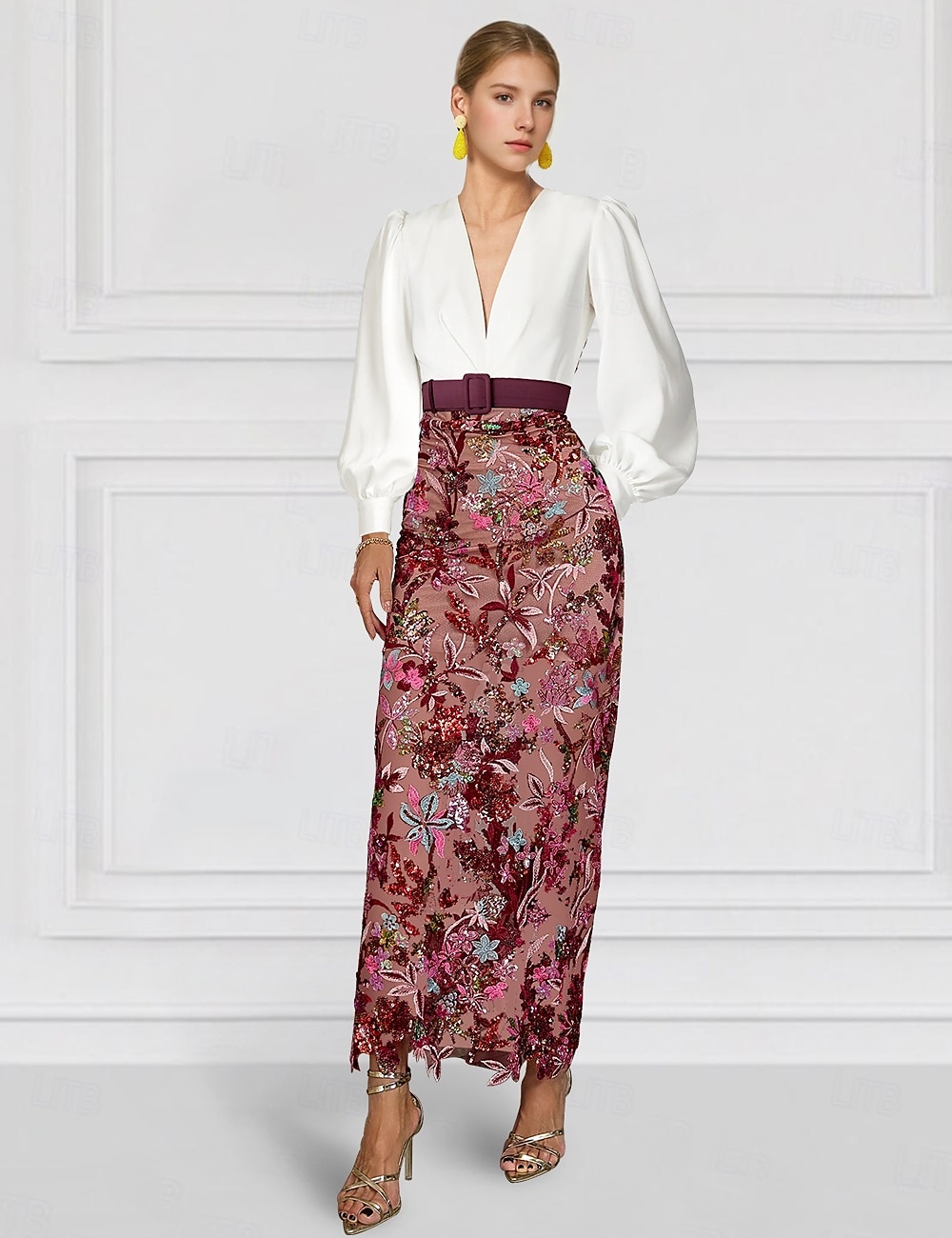 Sheath  Kolonne Kveldsdrakt Elegant Kjole Formell Bryllup Ankellengde Lange Ermer V-Krage Belte  Sash Paljett med Slisse Broderi Applikasjoner 2025 - $206.99 –P3
