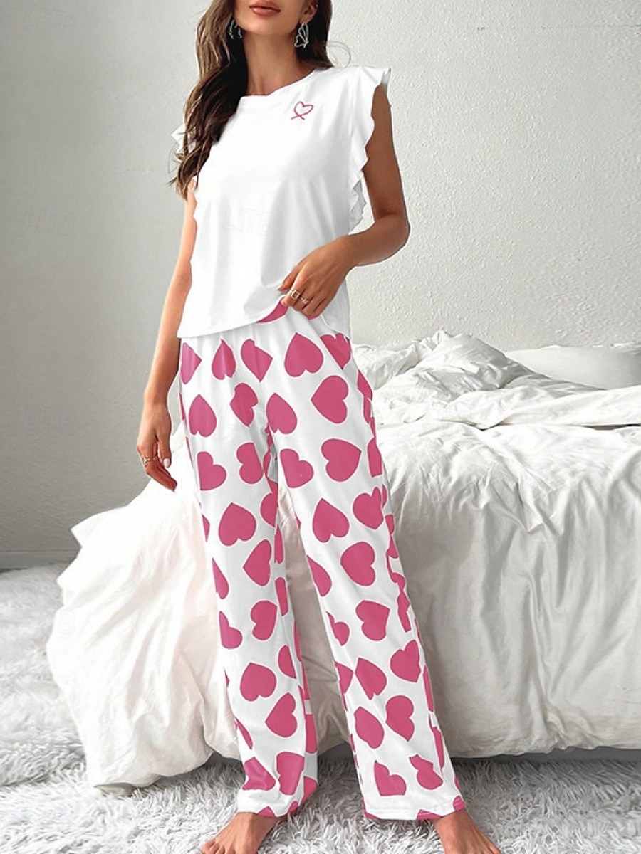 Women's Pajama Set Casual Comfort Heart Ruffle Elastic Waist Tank Top Pant Home Valentine's Day Daily Sleeveless Crew Neck Black Pink Red Summer Spring Fall Regular Fit 2025 - $21.99 –P6