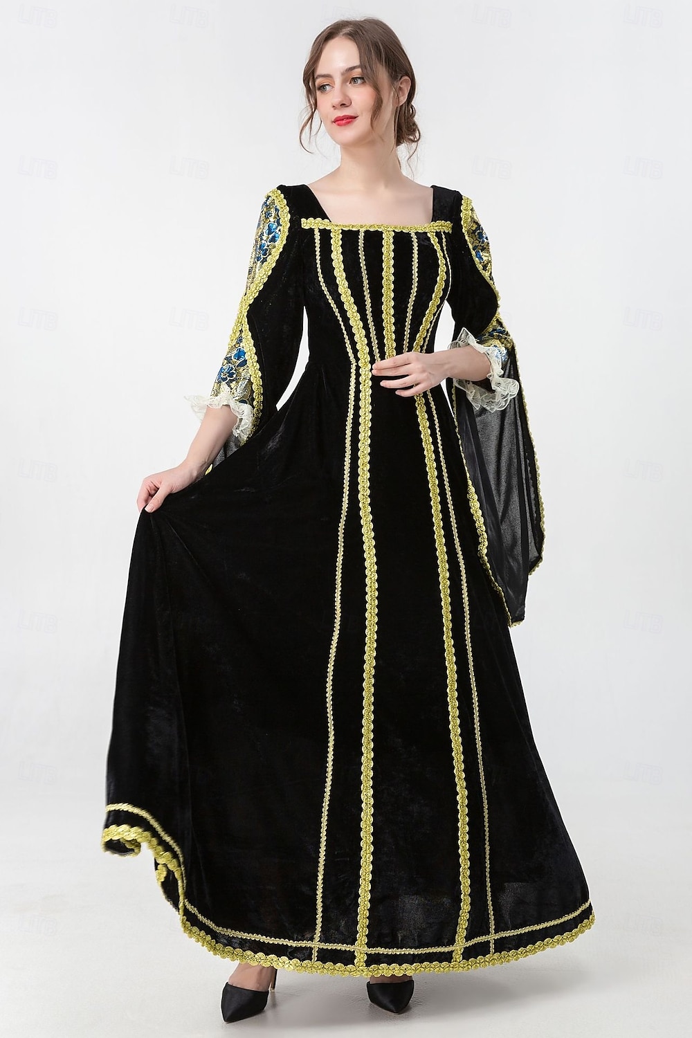 Mittelalterlich Renaissance Vintage-Kleid Maxi Kleid Glockenärmel Königin Wikinger Einfarbig Quadrathals Kostüm Damen königlich Halloween Karneval Maskerade Abschlussball Festival Erwachsene Kleid 2026 - $60.99 –P3