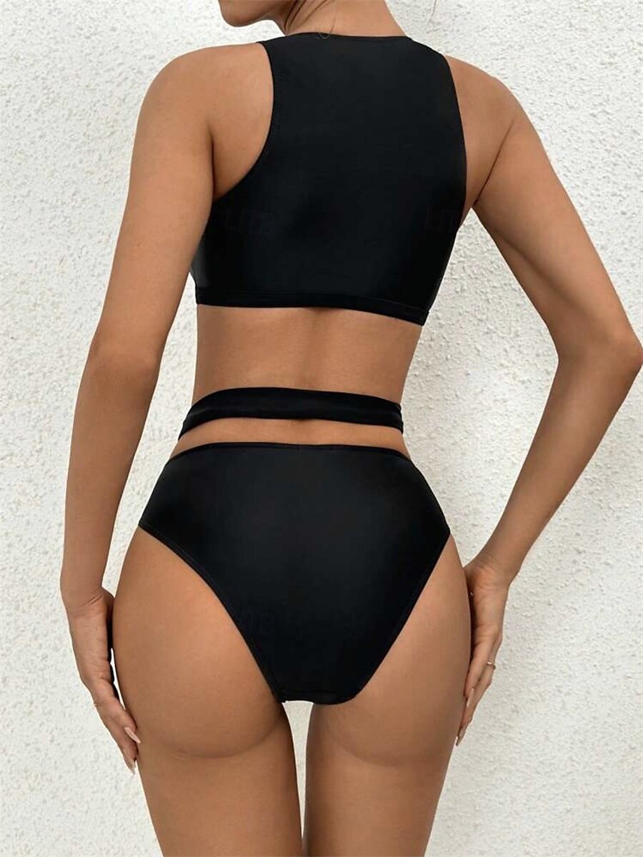 Dame Badetøy Bikini 2 stk Frekk Badedrakt Åpen rygg Tynn Ferie Strand Klær Helfarge U-hals Ermeløs Badedrakter 2025 - $25.99 –P4