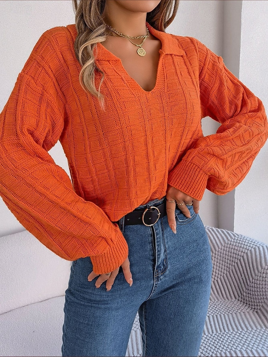 Women's Sweater Casual Soft Pure Color Ribbed V Neck Knitted Long Sleeve Regular Tops Knit Outdoor Daily Weekend White Orange Spring Fall 2025 - $33.99 –P5