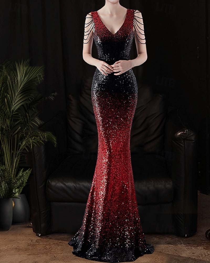 Robe de Prom Sirène  Trompette Sequin Robe de Soirée Ombre Cocktail Formelle Longue au Sol Sans Manches Col en V avec Perles Sequin de 2025 ? $79.99 –P8