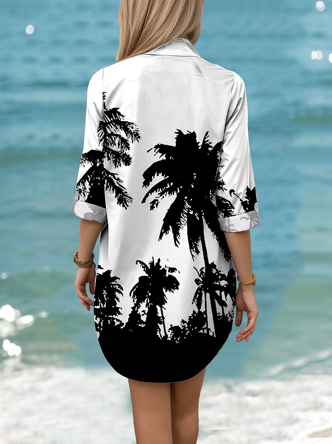 Damen Mini Kleid Hemd Kleid Hawaiian Shirts Fließend Strand Blatt Lang Langarm Hemdkragen Knöpfe Druck Form Fit Weiß Sommer Urlaub Kleidung Strandmode 2025 - $46.99 –P2