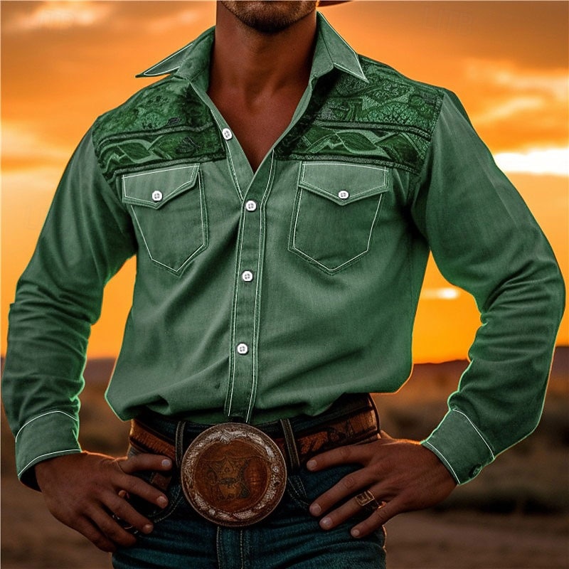 Hombre Tribal Impresión de pañuelo Camisa camisa occidental Manga Larga Camisa Cuello Vuelto Vintage Exterior Calle Casual Diario Rosa Rojo Azul S M L 2026 - $14.49 –P9