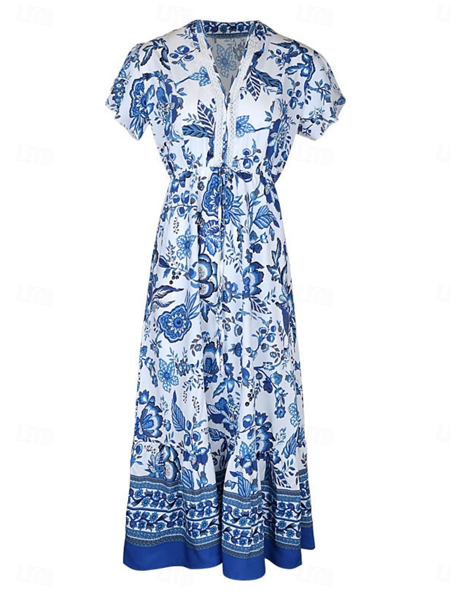 Damen Maxidress Casual kleid Schaukelkleid A Linie Kleid Boho-Kleid Brautkleider schlicht Täglich Regular Fit Blumen Halbe Ärmel V Ausschnitt Blau Sommer Frühling 2025 - $35.99 –P2