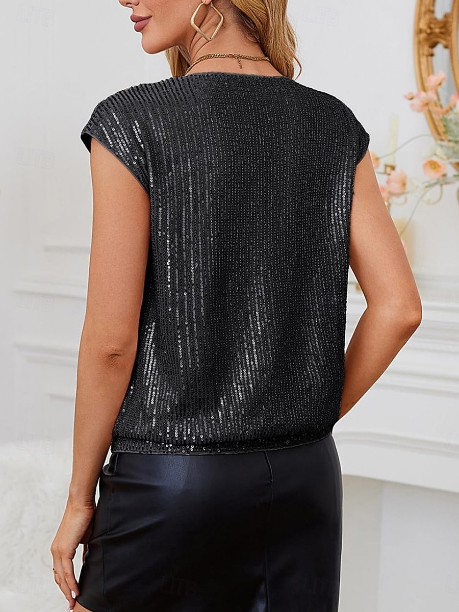 Damen Spaghetti-Top einfarbig Basic lässig ärmellos V-Ausschnitt reguläre Tops täglichen Pailletten Schwarz Wein Sommer Frühling 2025 - $17.49 –P5