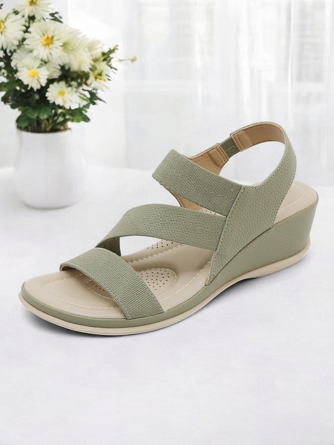 2025年 クッションソール付きレディースグリーン伸縮性ストラップウェッジサンダル - カジュアルウェアや旅行に最適な快適な夏用シューズ  コレクション – $34.99 –P3