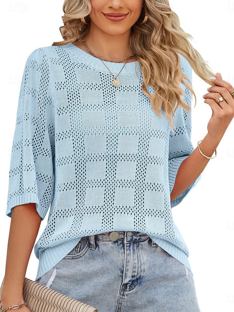 2025年 女性用 ニット カジュアル ソフト ピュアカラー リブ クルーネック ニット 七分袖 レギュラートップス ニット アウトドア 日常 週末 ホワイト ピンク 春 秋  コレクション – $27.99 –P12