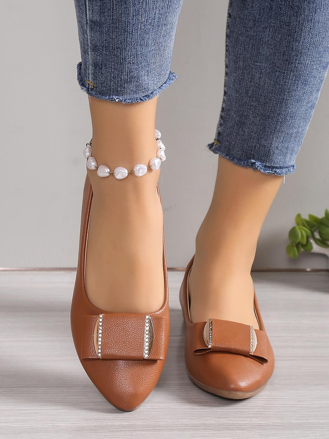 Women's Brown Faux Leather Pointed-Toe Flats with Bow and Rhinestone Detailing - Casual and Office Wear Shoes 2025 - $19.99 –P1