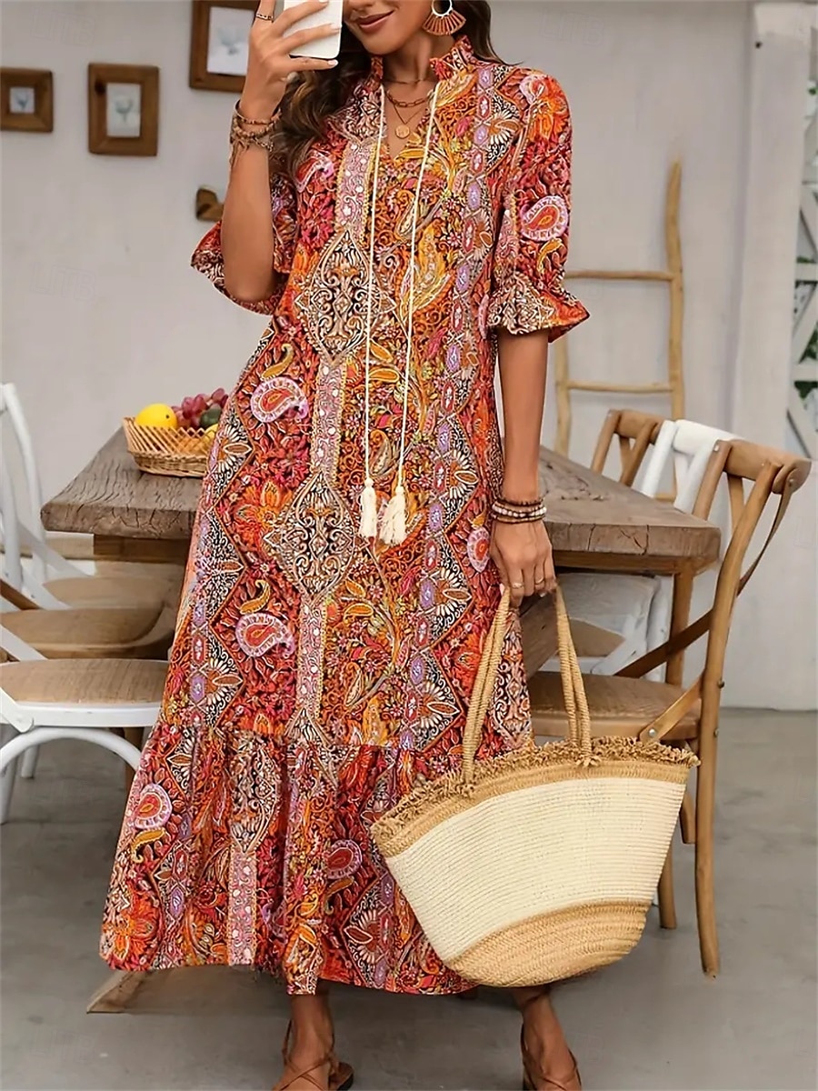 Women's Maxi Dress Casual Dress Boho Dress Cute Stylish Casual Vacation Daily Loose Fit Graphic 3/4 Length Sleeve V Neck Red Blue Orange Summer Spring Fall 2026 - $31.99 –P1