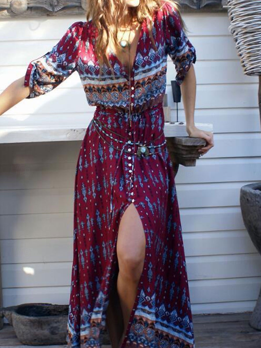 Women's Maxi Dress Casual Dress Boho Chic Dresses Boho Dress Bohemia Cute Stylish Vacation Daily Beach Loose Fit Graphic 3/4 Length Sleeve V Neck Black Wine Blue Summer Spring Fall 2025 - $31.99 –P1