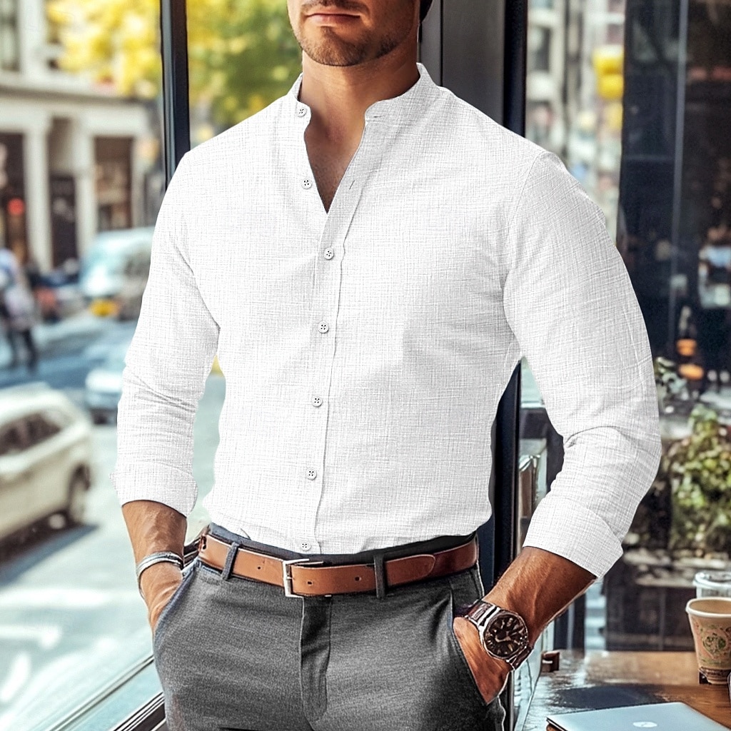 Men's Shirt Band Collar Shirt Summer Shirt Dress Shirt Button Up Shirt Solid Color Work Wear to work Black White Pink Blue Long Sleeve Collar Clothing Apparel 2025 - $27.99 –P8