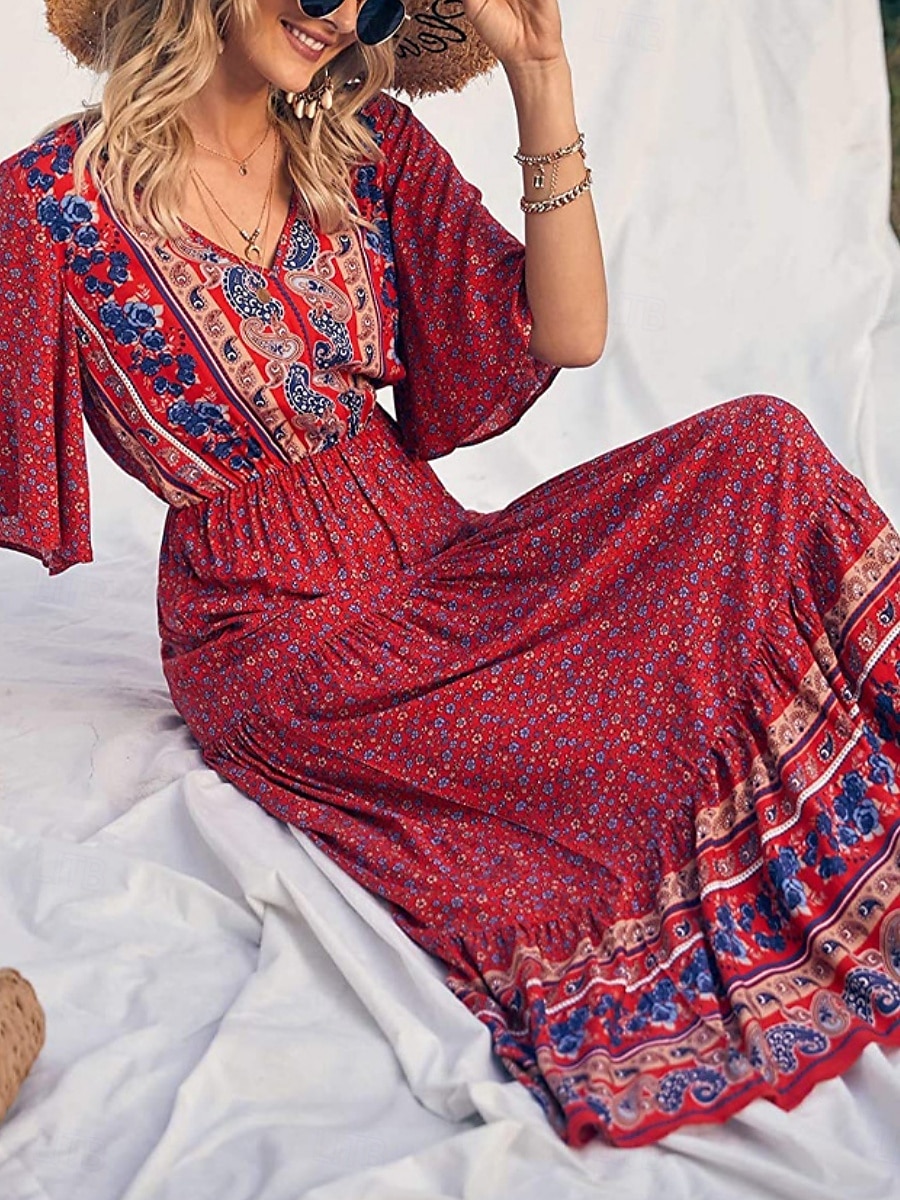 Dámské Maxi šaty Volnočasové šaty Swingové šaty Áčkové šaty Boho šaty Na běžné nošení Denní Běžný Květinový Poloviční rukáv Do V Žlutá Rubínově červená Vodní modrá Léto Jaro Podzim 2025 - $33.99 –P7