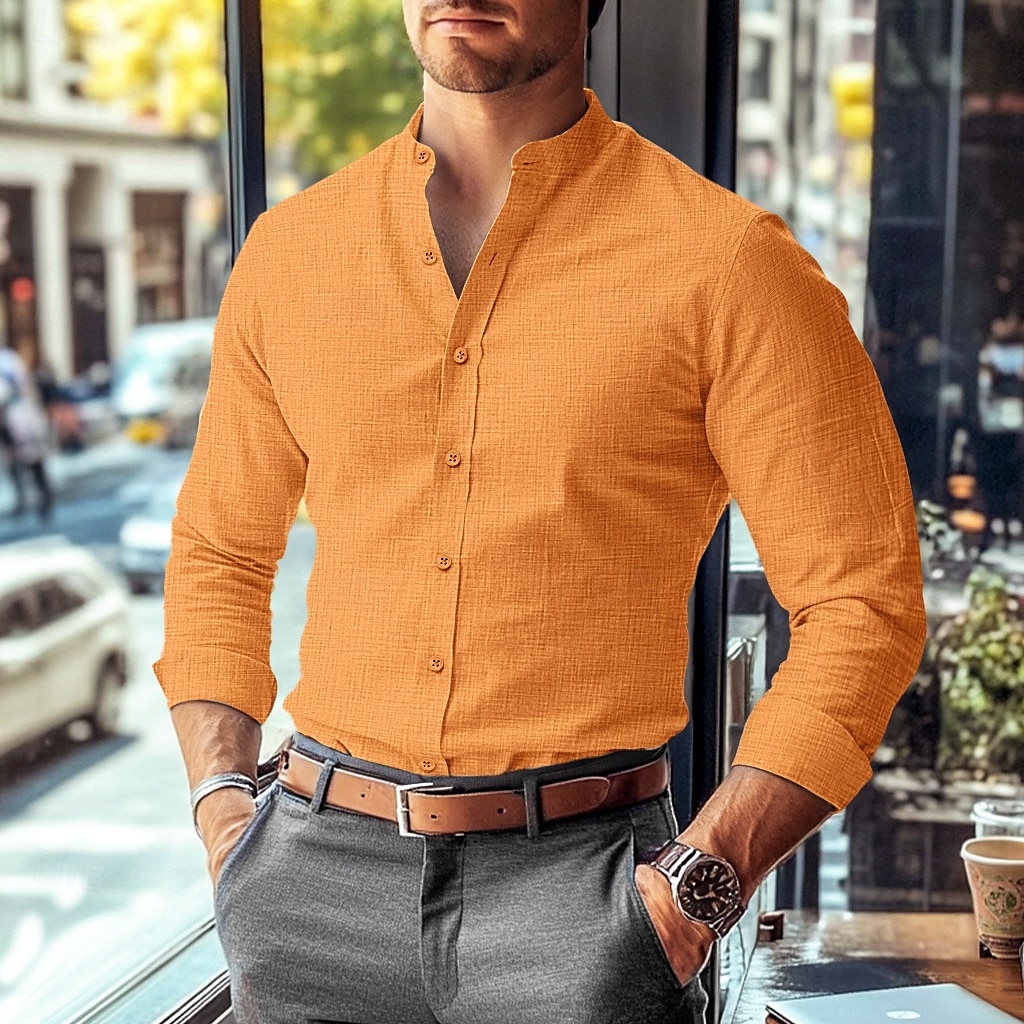 Men's Shirt Band Collar Shirt Summer Shirt Dress Shirt Button Up Shirt Solid Color Work Wear to work Black White Pink Blue Long Sleeve Collar Clothing Apparel 2025 - $27.99 –P5