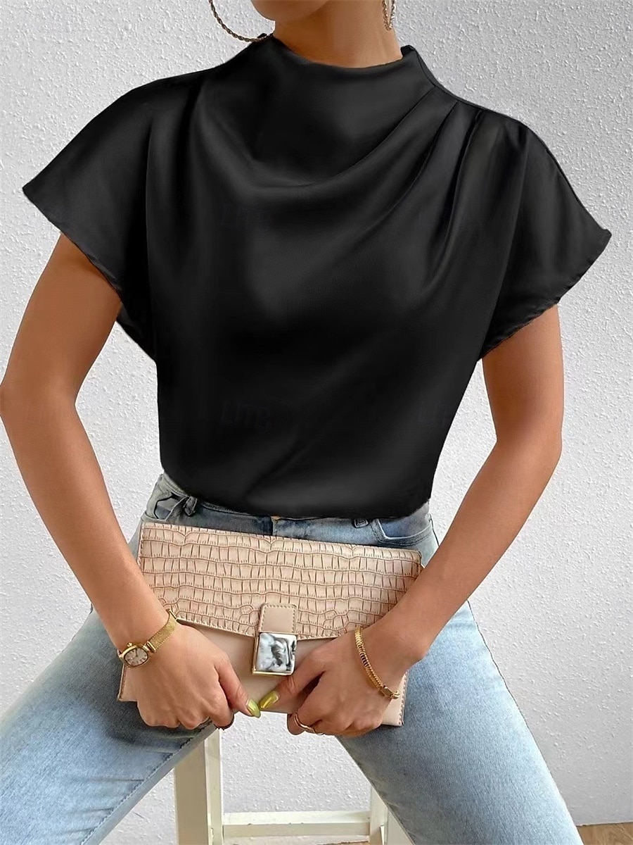 Dame Bluse Helfarge Daglig Stilfull Fritid Kortermet Crew-hals Vanlige topper Daglig Lapper Svart Hvit Rosa Sommer Vår Høst 2025 - $23.99 –P6