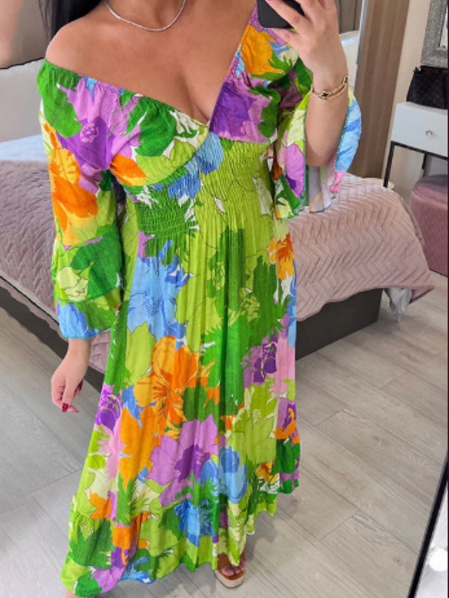 Femme Robe Maxi Robe casual Robe Évasée Robe Trapèze Décontractées du quotidien Standard Floral Manches 3/4 Col V Rose Claire Bleu Vert Eté Printemps Automne de 2025 ? $35.99 –P2