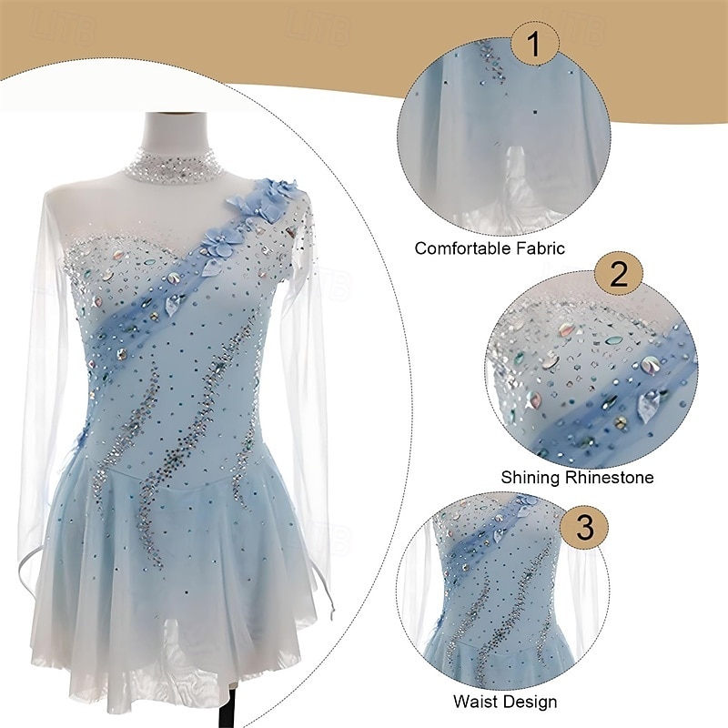 Figure Skating Dress Women's Girls' Ice Skating Dress Sky Blue High Elasticity Training Competition Skating Wear Classic Crystal / Rhinestone Long Sleeve Ice Skating Figure Skating 2026 - $191.99 –P6