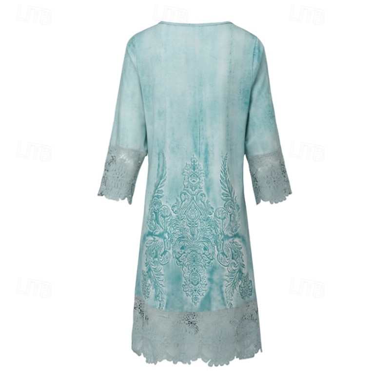 Women's Casual Dress Boho Lace Detail V-neck Three Quarter Sleeve Vintage Pattern Relaxed Fit Beige Tan Linen Blend Spring Autumn Regular Size Outdoor Daywear 2025 - $35.99 –P8
