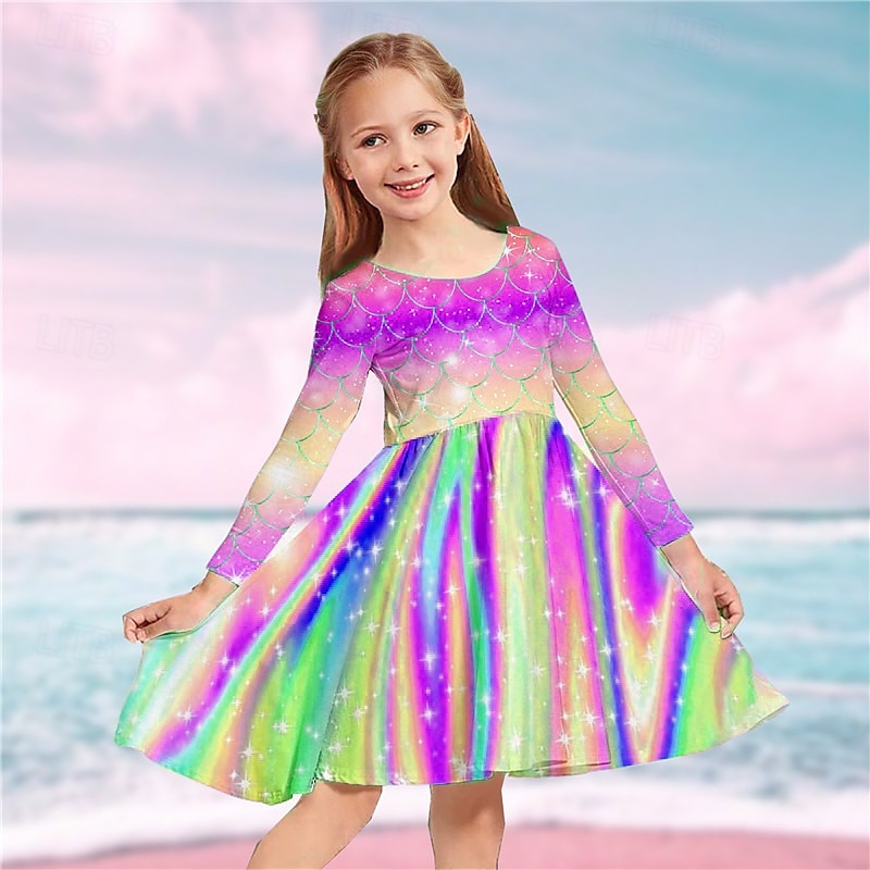 kinderkleidung Mädchen Kleid Regenbogen Meerjungfrau Langarm Casual Rundhalsausschnitt bezaubernd Täglich Polyester Übers Knie Casual kleid Schaukelkleid A Linie Kleid Herbst Winter 3-10 Jahre 2025 - $17.49 –P11