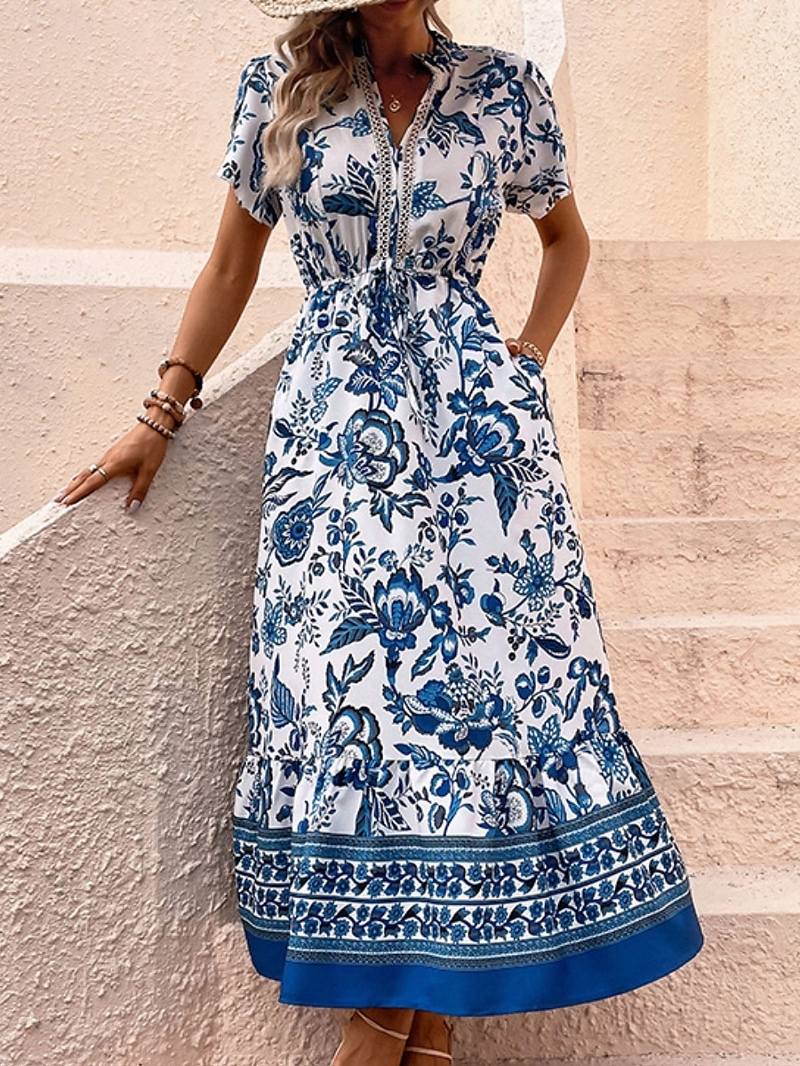 Damen Maxidress Casual kleid Schaukelkleid A Linie Kleid Boho-Kleid Brautkleider schlicht Täglich Regular Fit Blumen Halbe Ärmel V Ausschnitt Blau Sommer Frühling 2025 - $35.99 –P1