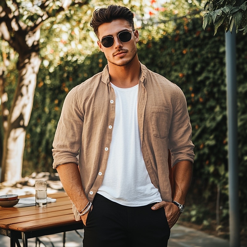 Per uomo Camicia camicia di lino Camicia estiva Camicia da spiaggia Tinta unica Esterno Da mare Nero Verde Cachi Grigio Manica lunga Collo ripiegabile Primavera & Autunno Abbigliamento Bottone giù del 2025 a $7.39 –P5