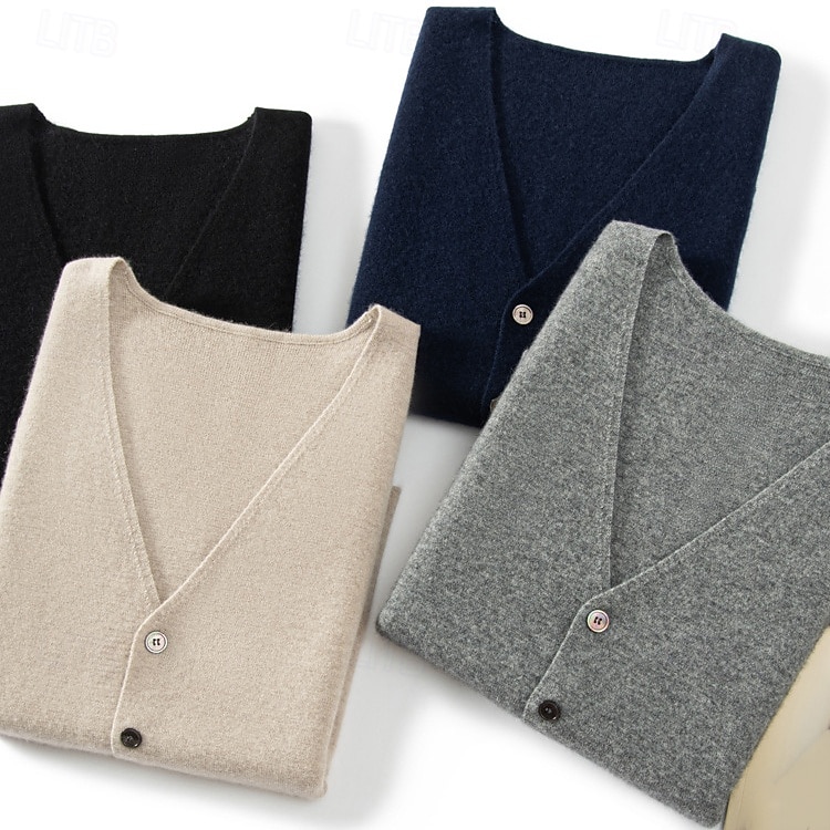 Herren Kaschmir Strickjacke Weste Stricken Knopf hoch V Ausschnitt Strickware Elegant Schule Formell Bekleidung Frühling Herbst Schwarz Marineblau S M L 2025 - $141.99 –P6