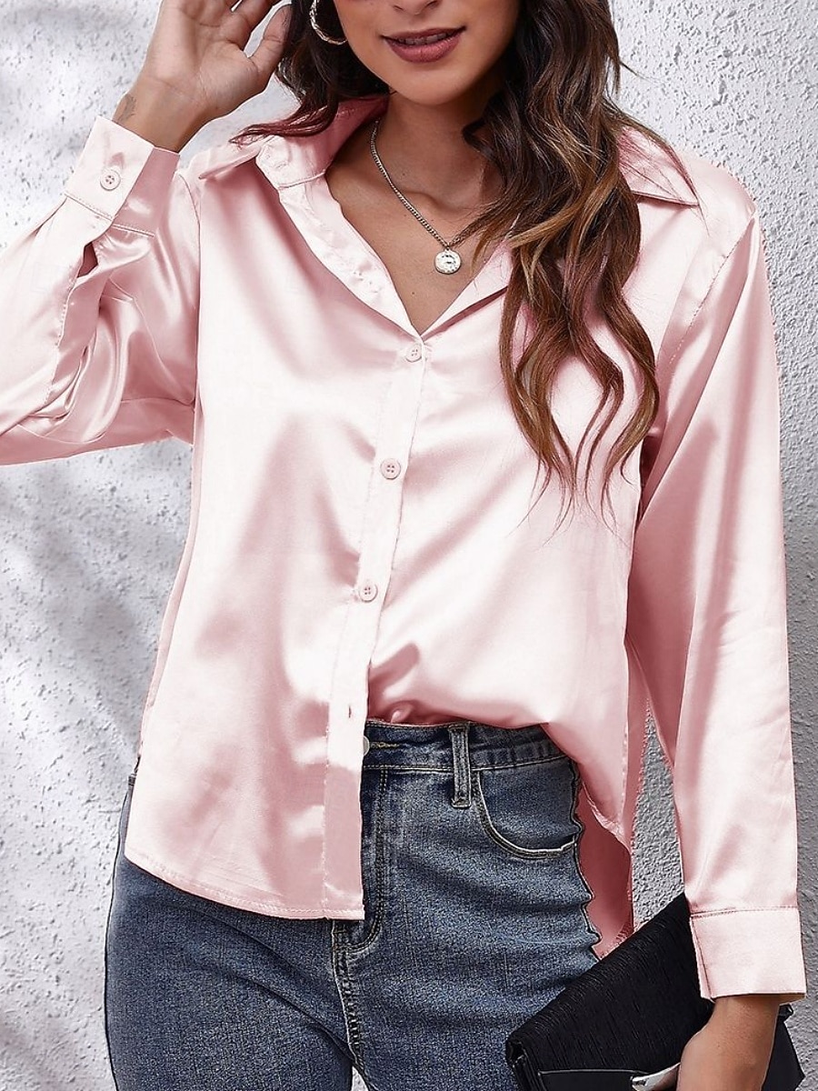 Per donna Camicia Elegant Elegante Raso/Satin Tinta unica Affari Moderno Casual Manica Lunga Colletto a Camicia Top Regolari Lavoro Abbigliamento Formale Bottoni Giallo Rosa Vino Blu Verde Estate del 2025 a $24.99 –P2