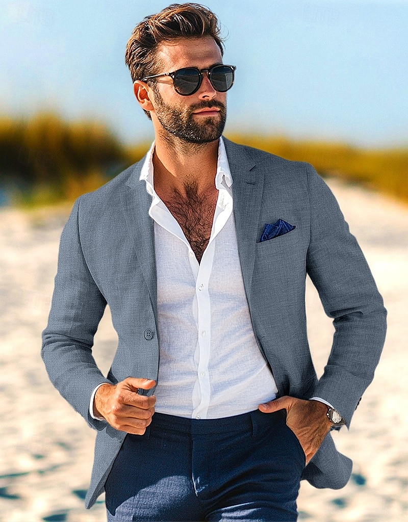 Blazer en lin pour hommes veste de sport mode décontractée été unis blazer bleu poussiéreux gris clair bleu foncé coupe ajustée à simple boutonnage un bouton de 2025 ? $78.99 –P7