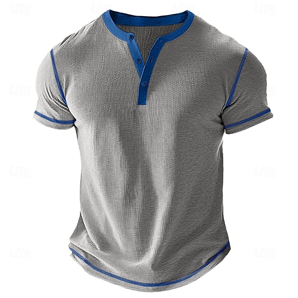 2025年 男性用 ワッフルヘンリーシャツ Tシャツ 半袖 純色 ボタン ヘンリー アウトドア カジュアル 日常 夏 ブラック ホワイト イエロー ヘンリーTシャツ コレクション – $17.99 –P5