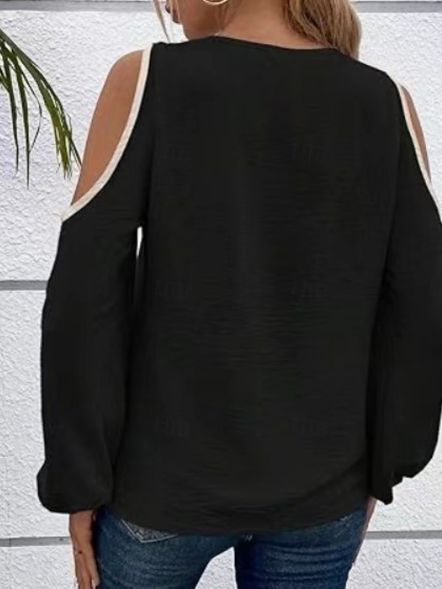 Dame Skjorte Bluse Helfarge Grunnleggende Fritid Langermet V-hals Vanlige topper Daglig Lapper Utskjæring Svart Beige Vår & Vinter 2025 - $27.99 –P7