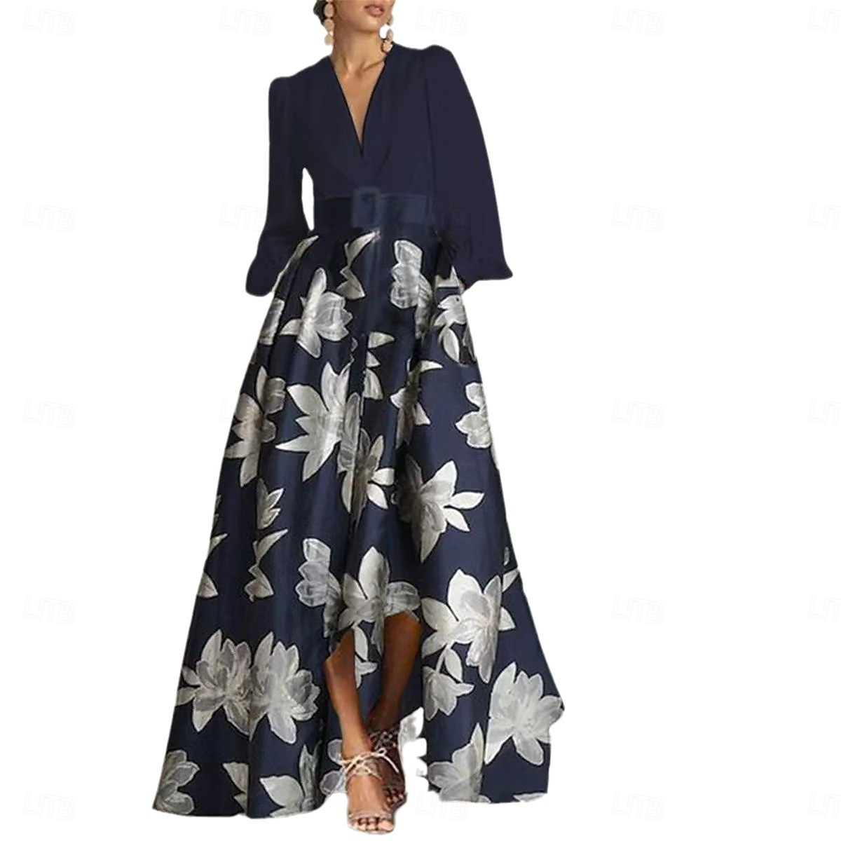 Robe mère de la mariée A-line élégante vintage décolleté en V longueur sol charmeuse manches longues avec ceinture  ruban robe de derby robe de course 2025 de 2025 ? $143.99 –P1