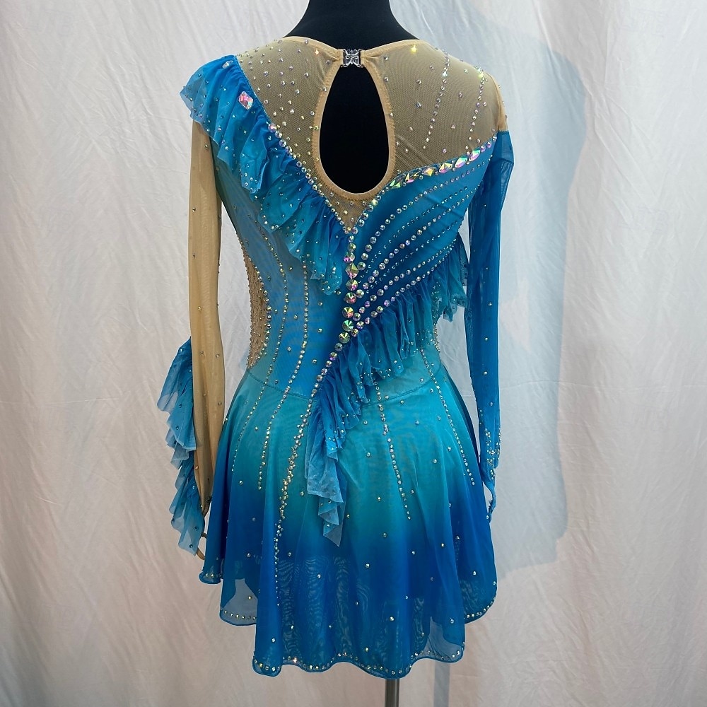 Robe de patinage artistique Femmes Fille Patinage Robe Rouge Bleu Roi Patchwork Trou de pouce Maille Spandex Élastique Entraînement Pratique Professionnel Tenue de Patinage cristal pailleté manche de 2025 ? $231.79 –P3