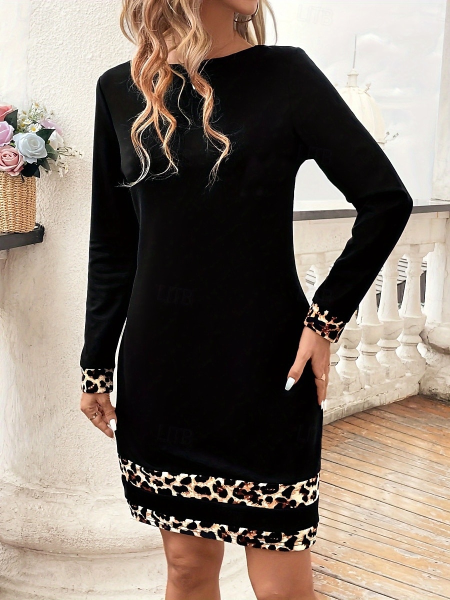 Dam Mini klänning Svart klänning Vardagsklänning Cocktail klänning Bodycon Stylish Ledigt Semester Dagligen Normal Leopard Långärmad Rund hals Svart Vår Höst 2025 - $28.99 –P5